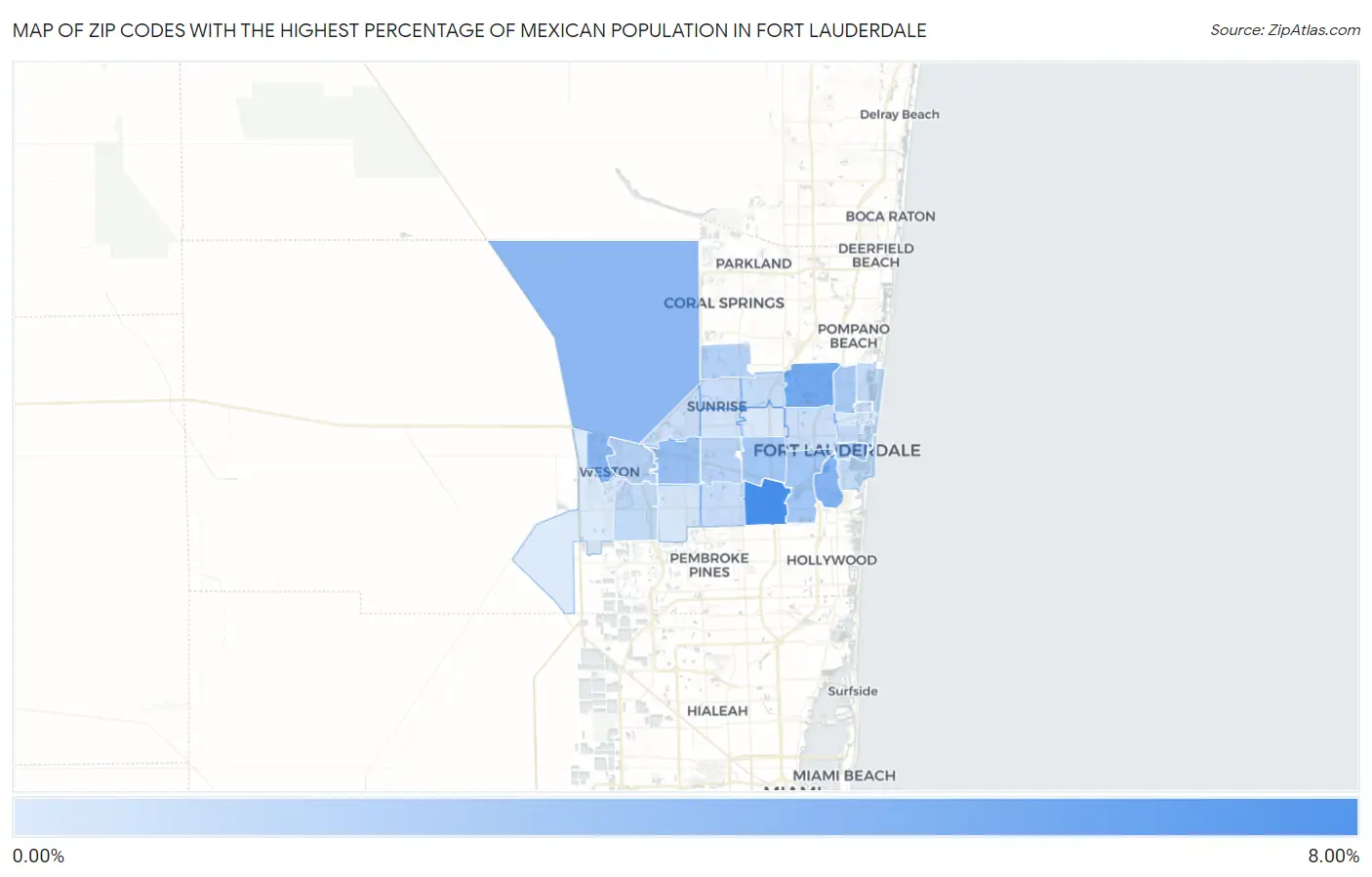 Zip Codes with the Highest Percentage of Mexican Population in Fort Lauderdale Map