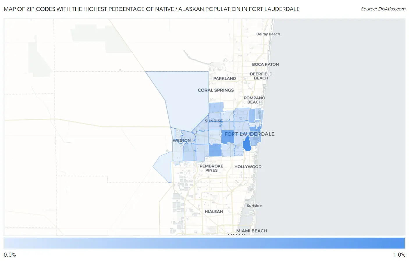 Zip Codes with the Highest Percentage of Native / Alaskan Population in Fort Lauderdale Map