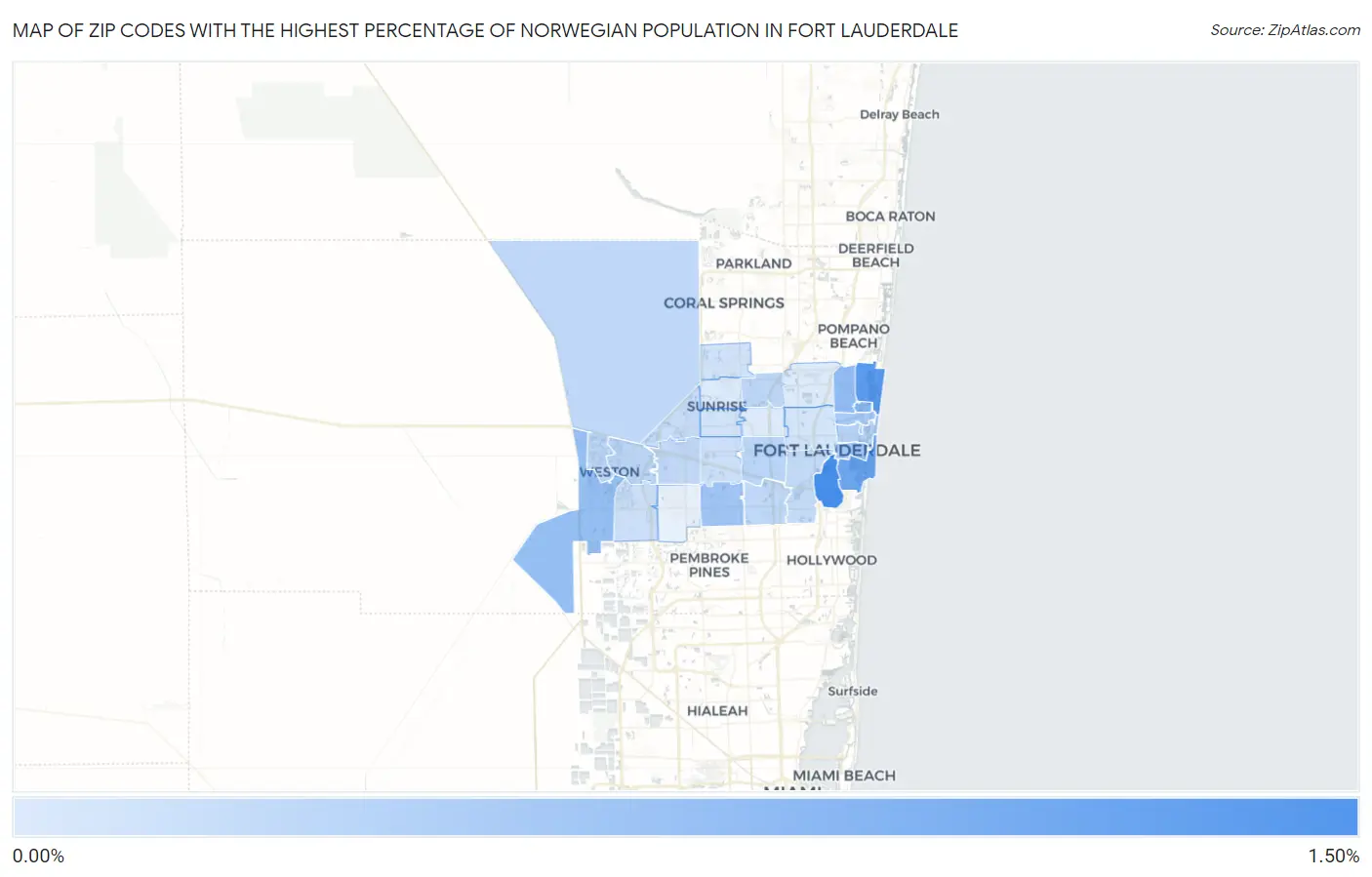 Zip Codes with the Highest Percentage of Norwegian Population in Fort Lauderdale Map