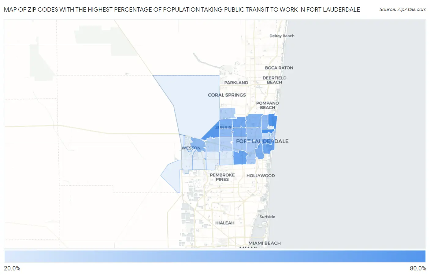 Zip Codes with the Highest Percentage of Population Taking Public Transit to Work in Fort Lauderdale Map