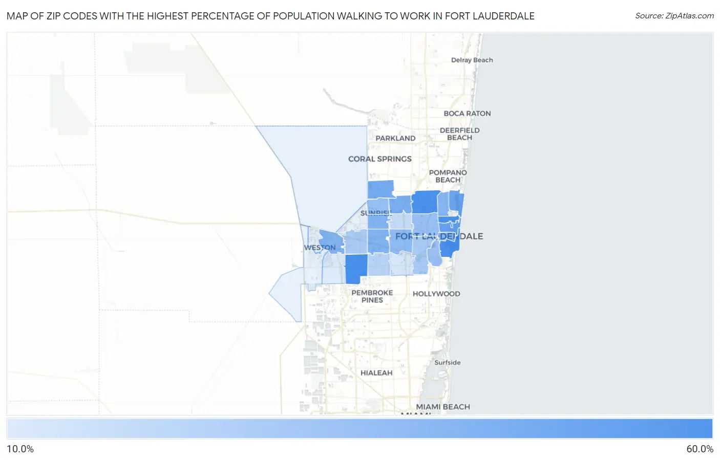 Zip Codes with the Highest Percentage of Population Walking to Work in Fort Lauderdale Map