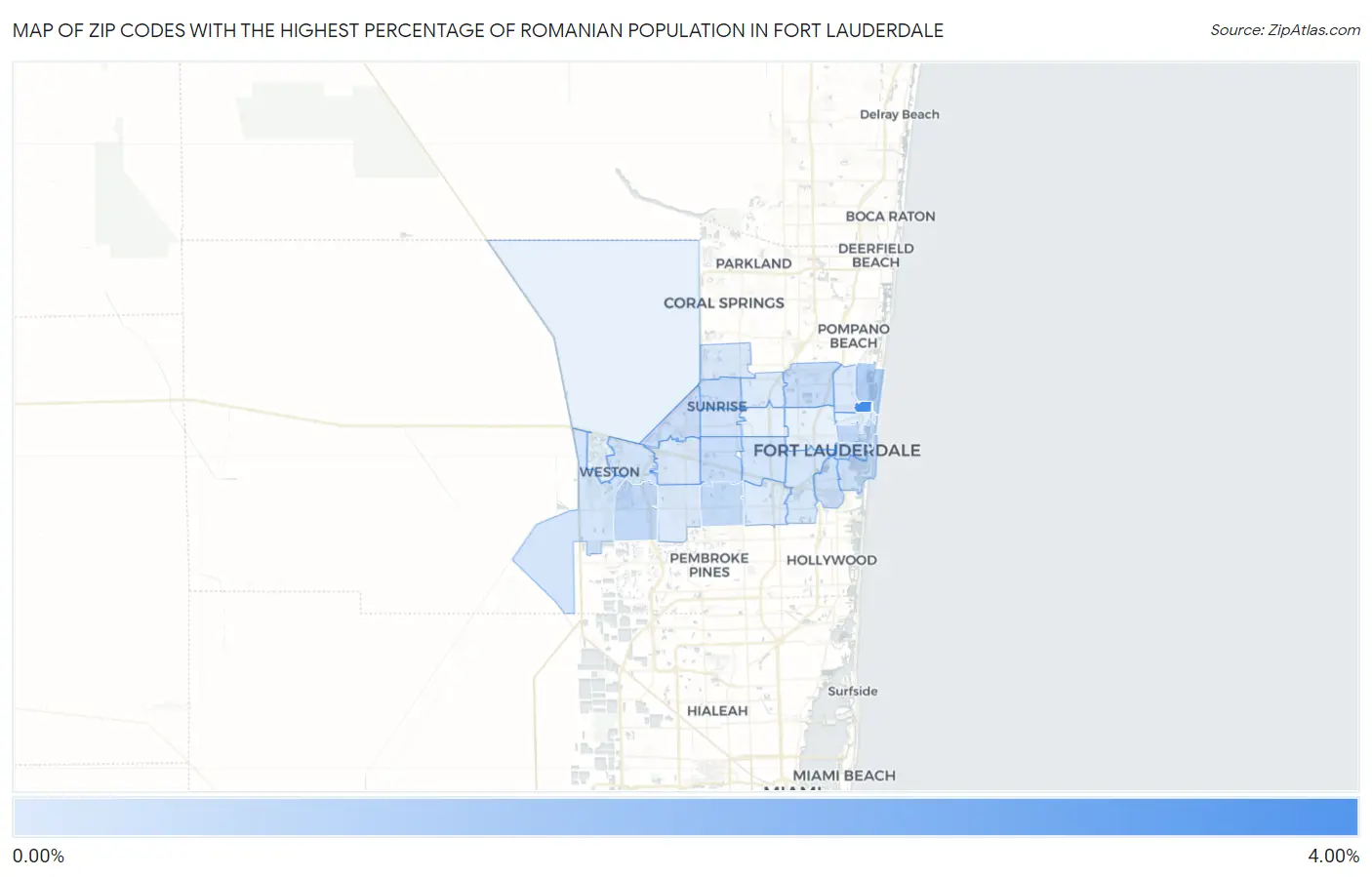 Zip Codes with the Highest Percentage of Romanian Population in Fort Lauderdale Map