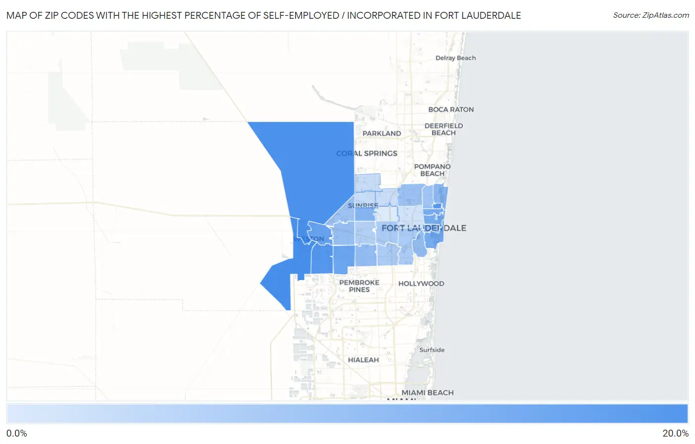 Zip Codes with the Highest Percentage of Self-Employed / Incorporated in Fort Lauderdale Map