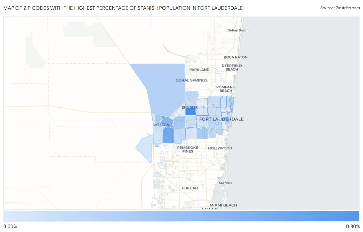 Zip Codes with the Highest Percentage of Spanish Population in Fort Lauderdale Map