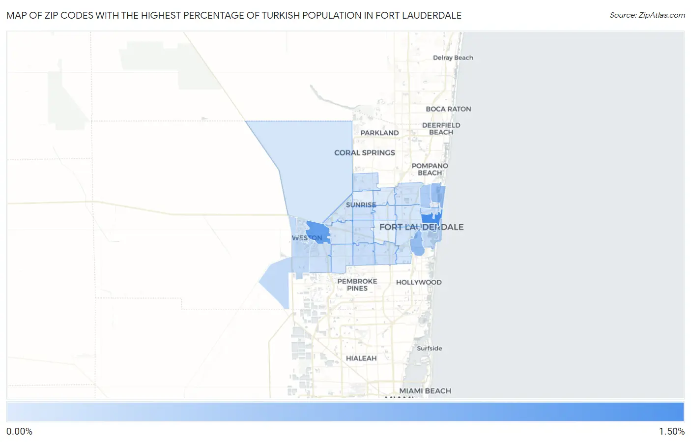 Zip Codes with the Highest Percentage of Turkish Population in Fort Lauderdale Map