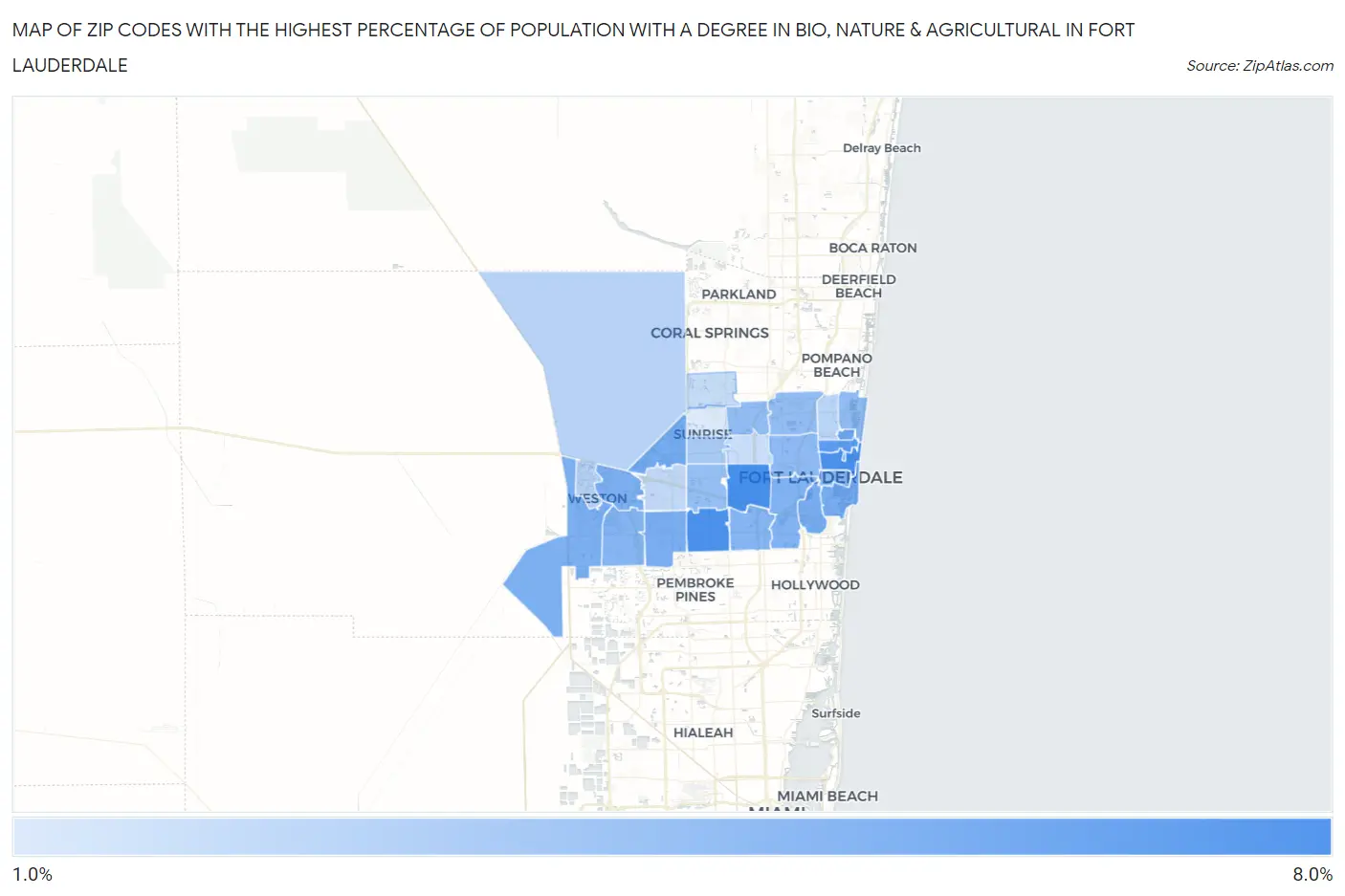 Zip Codes with the Highest Percentage of Population with a Degree in Bio, Nature & Agricultural in Fort Lauderdale Map