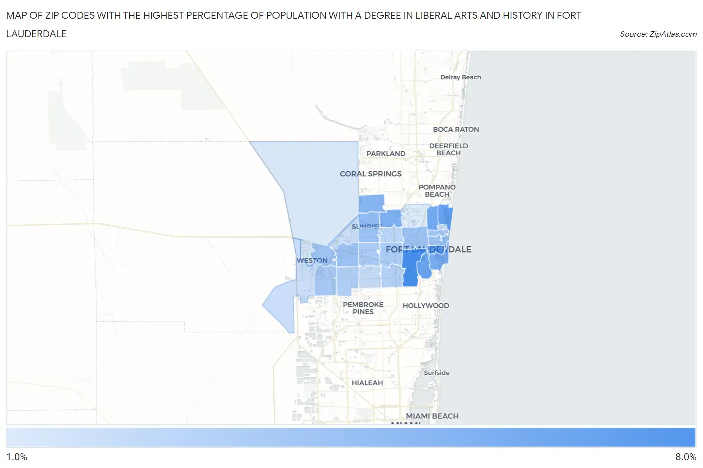 Zip Codes with the Highest Percentage of Population with a Degree in Liberal Arts and History in Fort Lauderdale Map