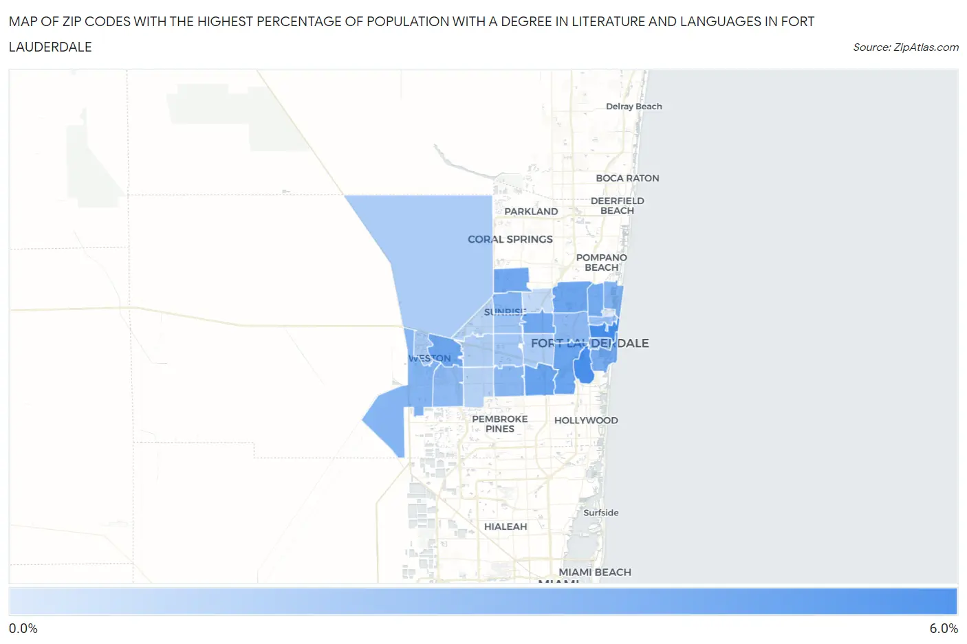 Zip Codes with the Highest Percentage of Population with a Degree in Literature and Languages in Fort Lauderdale Map