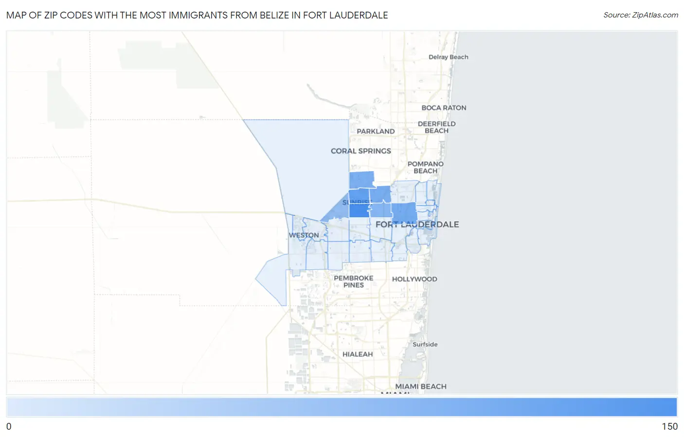 Zip Codes with the Most Immigrants from Belize in Fort Lauderdale Map