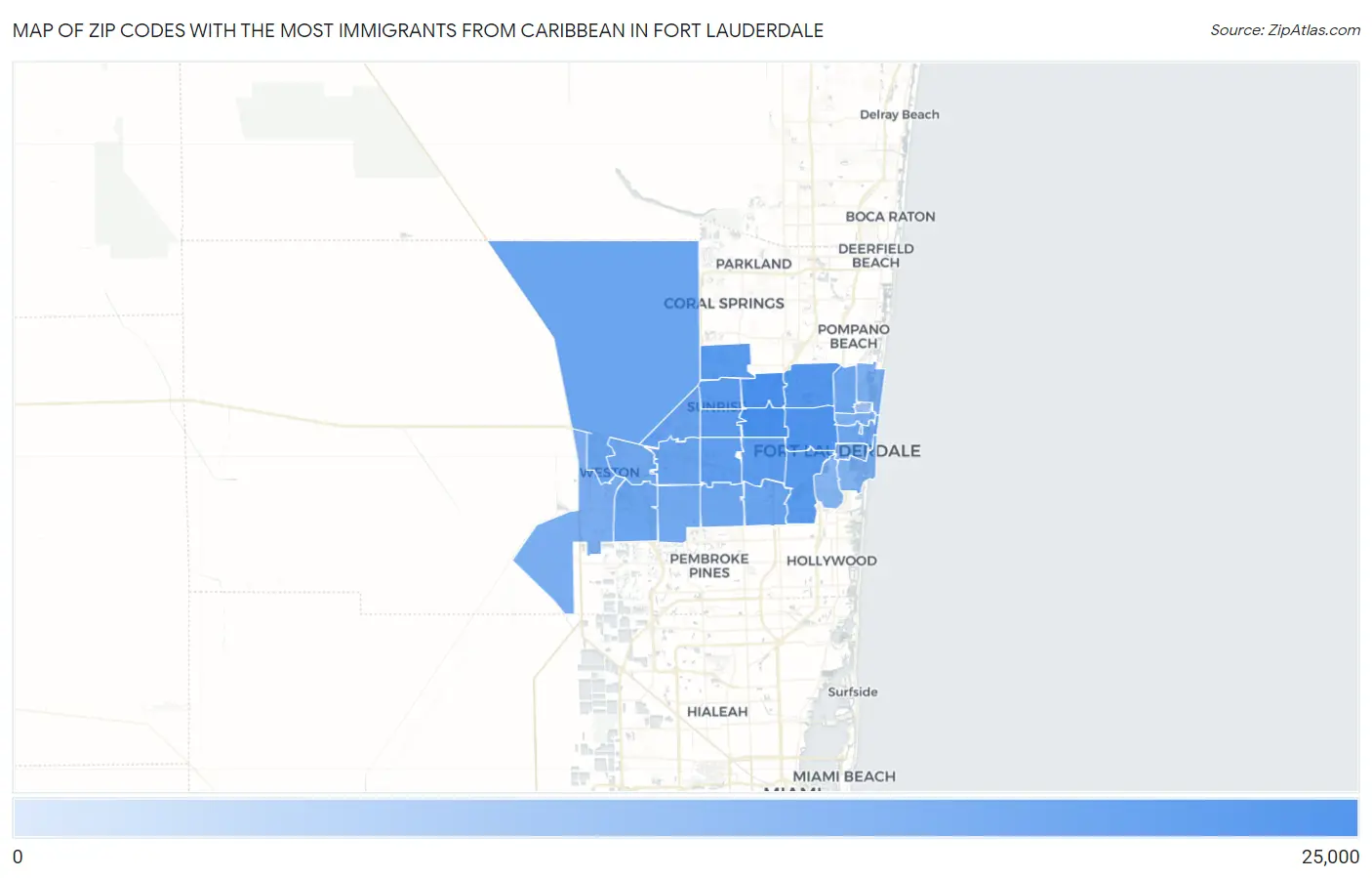 Zip Codes with the Most Immigrants from Caribbean in Fort Lauderdale Map