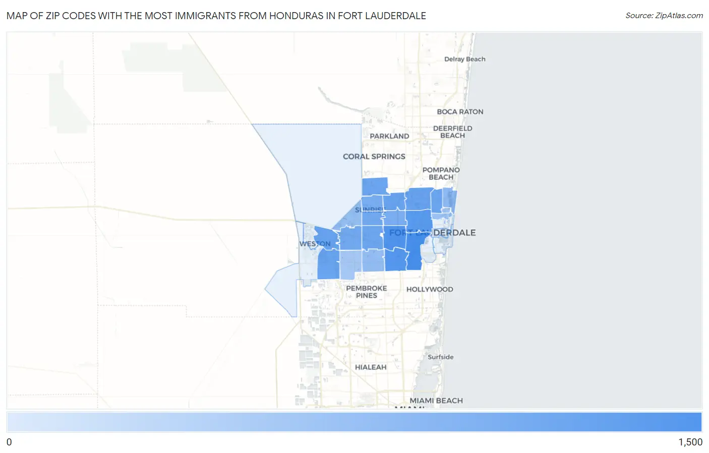 Zip Codes with the Most Immigrants from Honduras in Fort Lauderdale Map