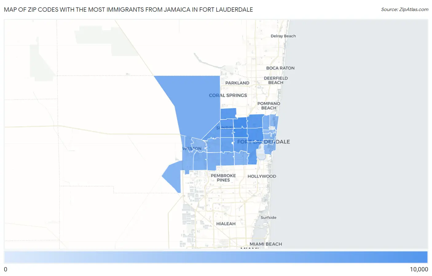 Zip Codes with the Most Immigrants from Jamaica in Fort Lauderdale Map