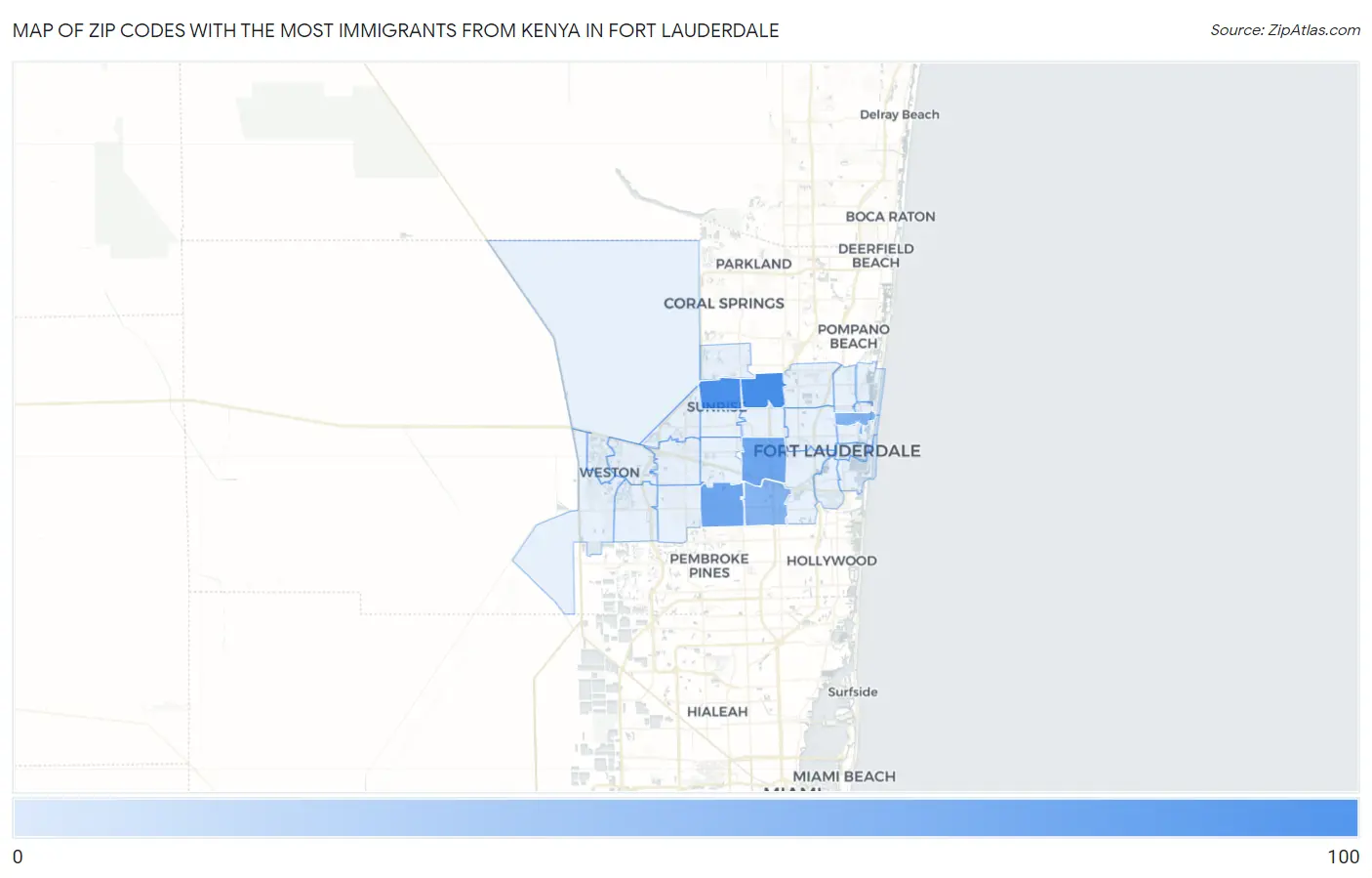 Zip Codes with the Most Immigrants from Kenya in Fort Lauderdale Map