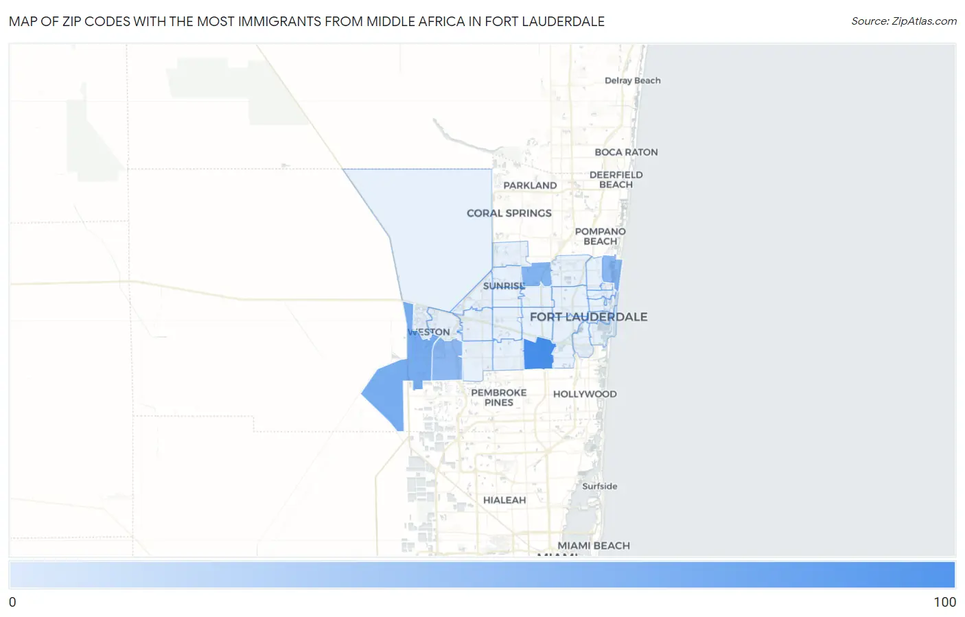 Zip Codes with the Most Immigrants from Middle Africa in Fort Lauderdale Map