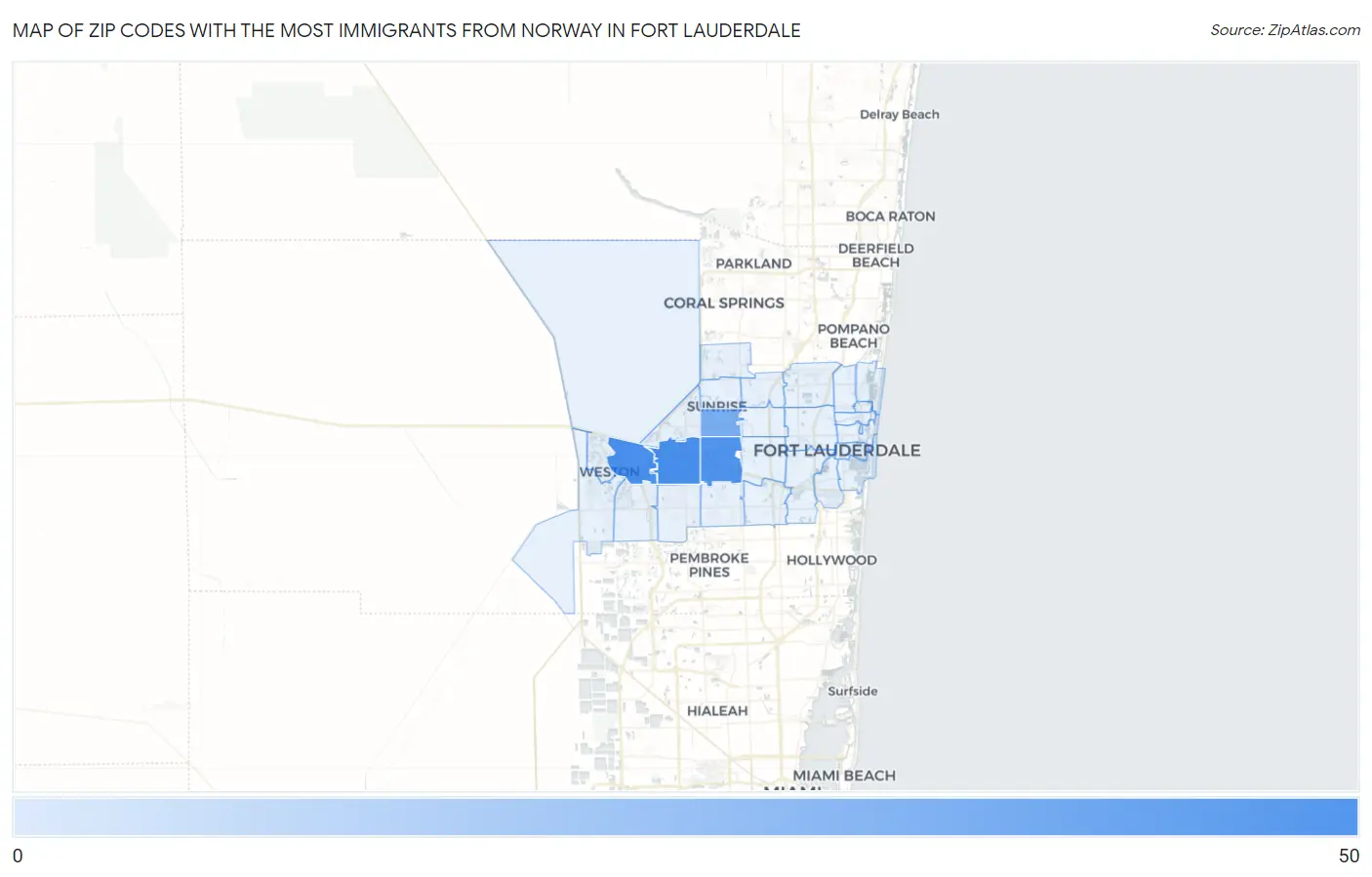 Zip Codes with the Most Immigrants from Norway in Fort Lauderdale Map
