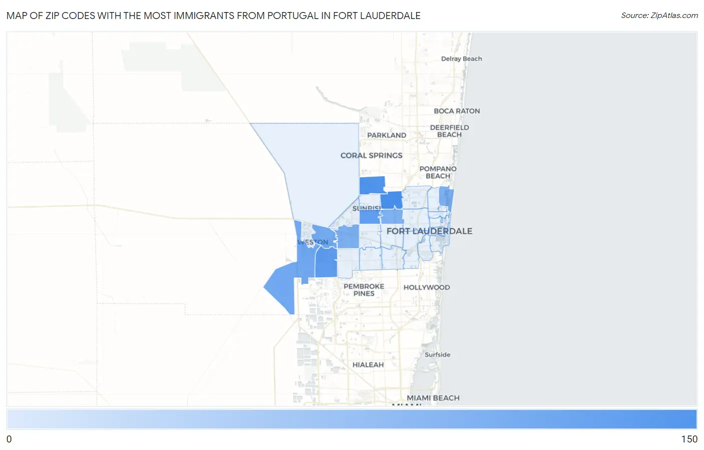 Zip Codes with the Most Immigrants from Portugal in Fort Lauderdale Map