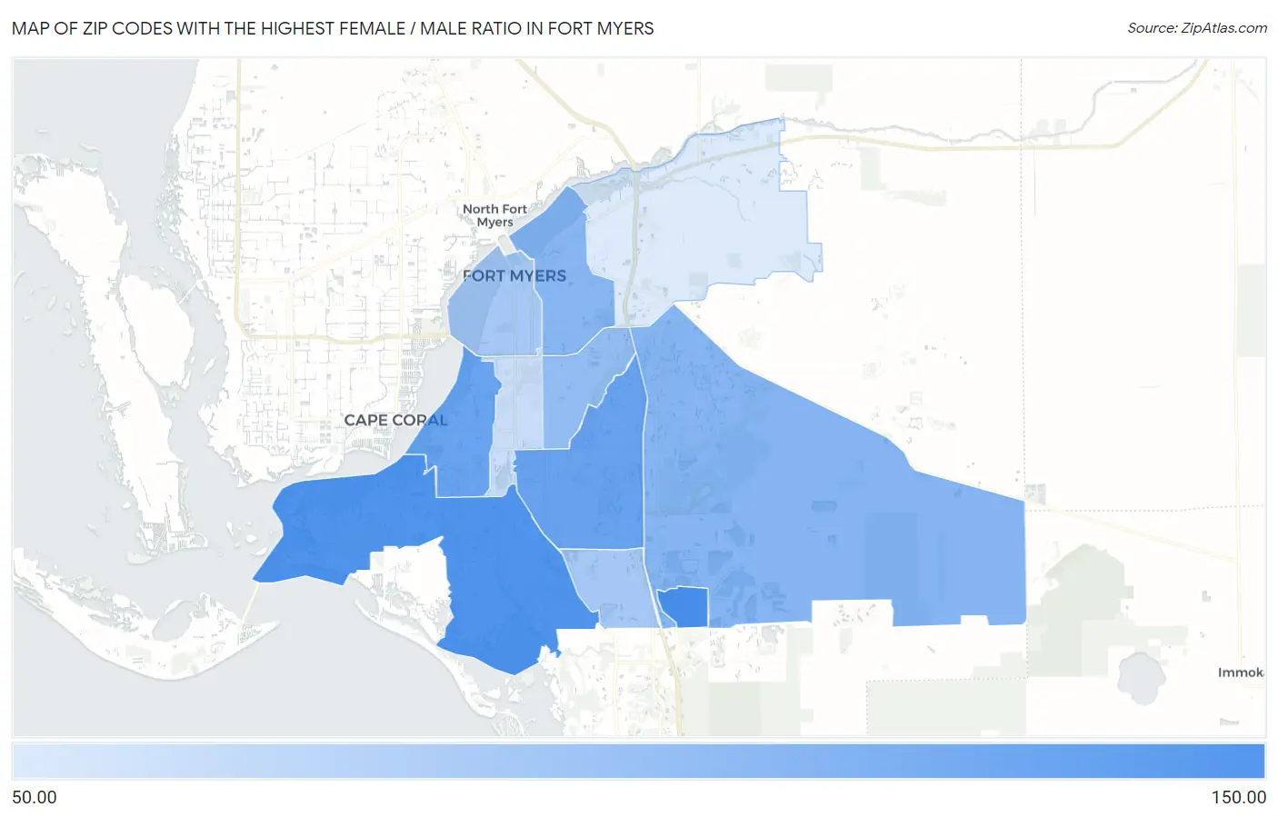 Zip Codes with the Highest Female / Male Ratio in Fort Myers Map