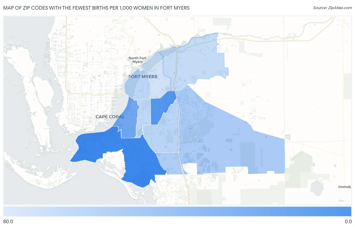 Zip Codes with the Fewest Births per 1,000 Women in Fort Myers Map