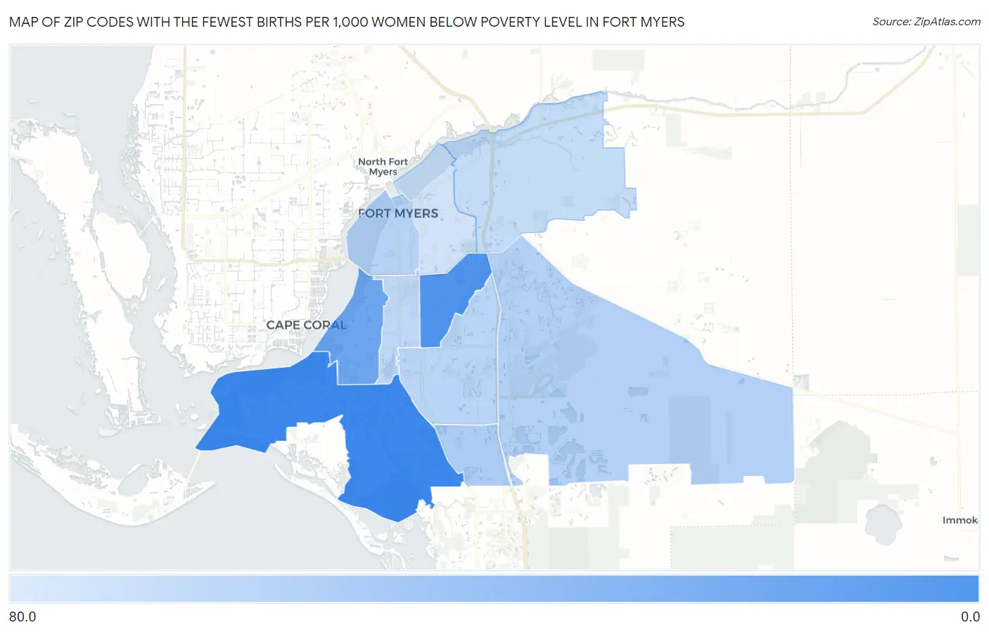 Zip Codes with the Fewest Births per 1,000 Women Below Poverty Level in Fort Myers Map