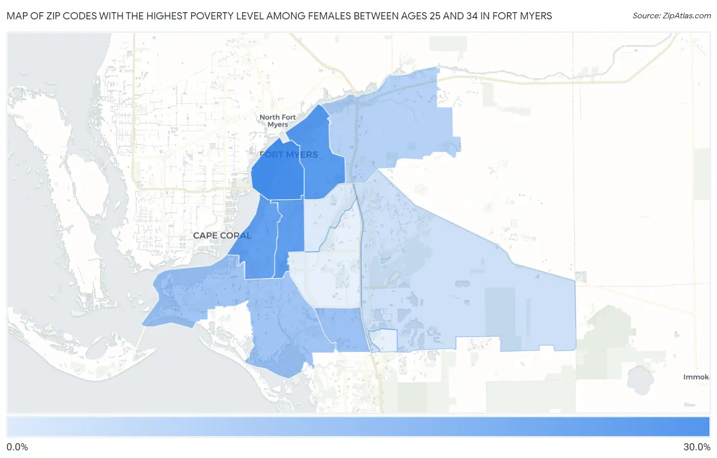 Zip Codes with the Highest Poverty Level Among Females Between Ages 25 and 34 in Fort Myers Map