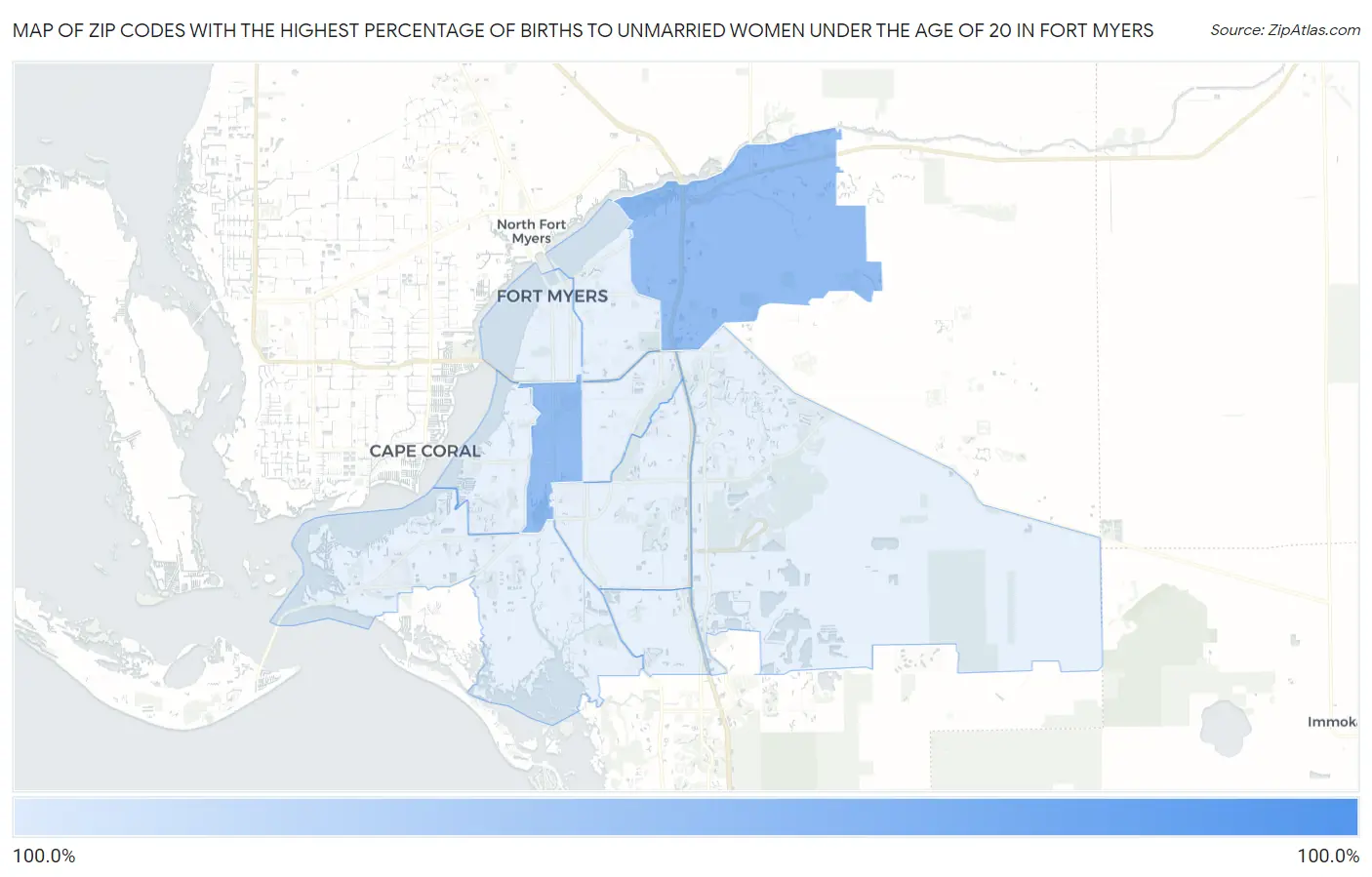 Zip Codes with the Highest Percentage of Births to Unmarried Women under the Age of 20 in Fort Myers Map