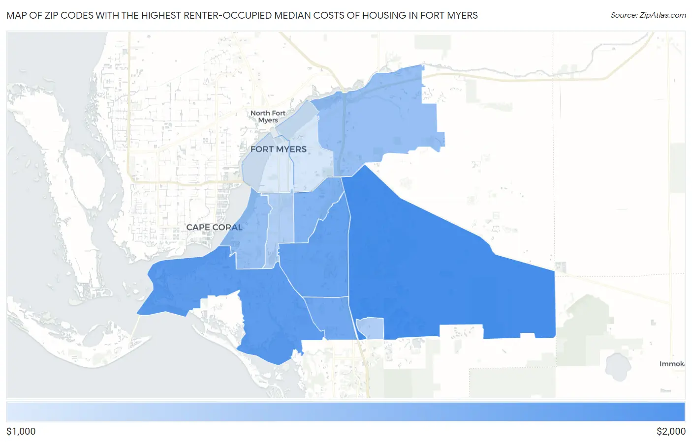 Zip Codes with the Highest Renter-Occupied Median Costs of Housing in Fort Myers Map