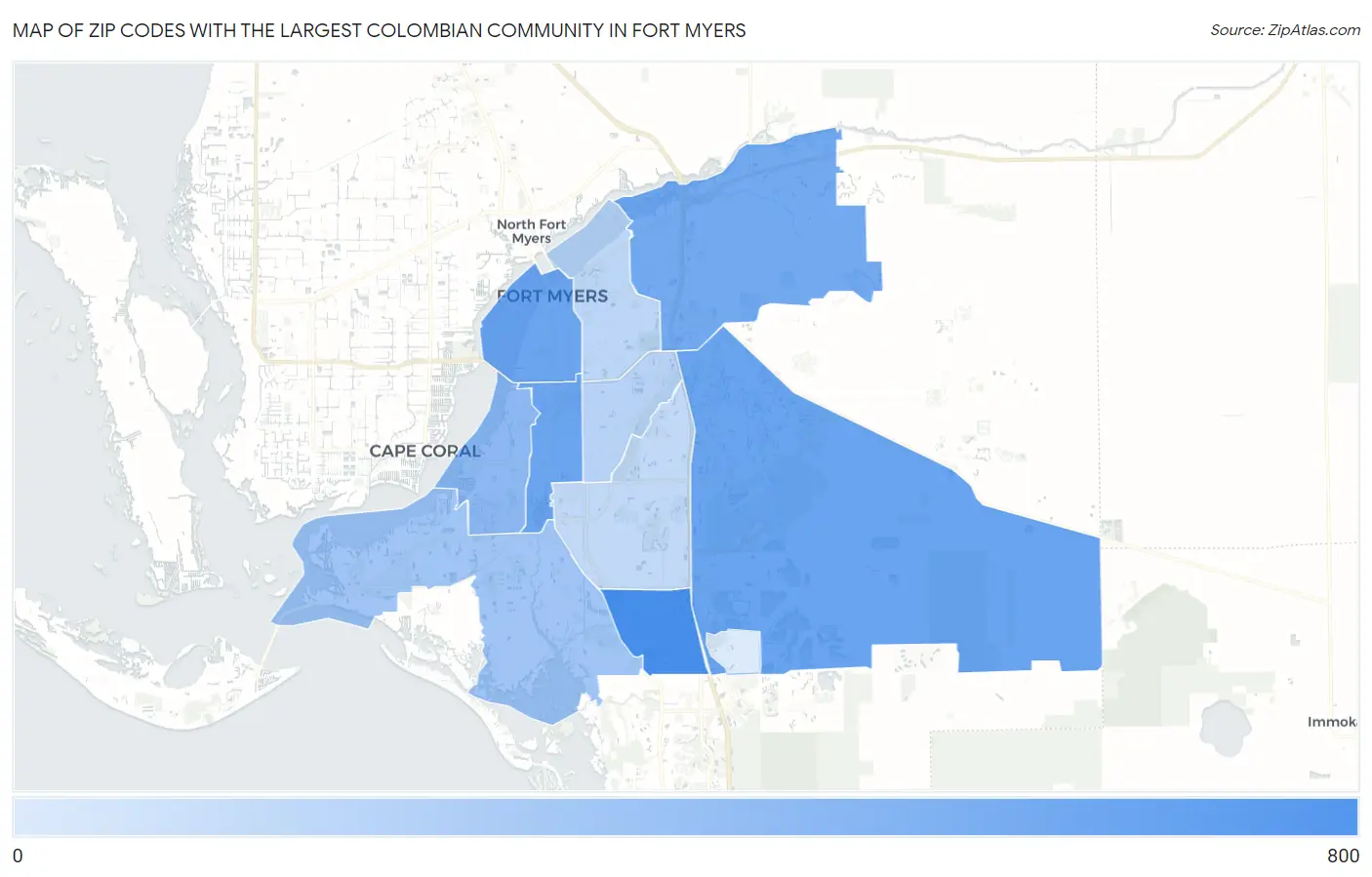 Zip Codes with the Largest Colombian Community in Fort Myers Map