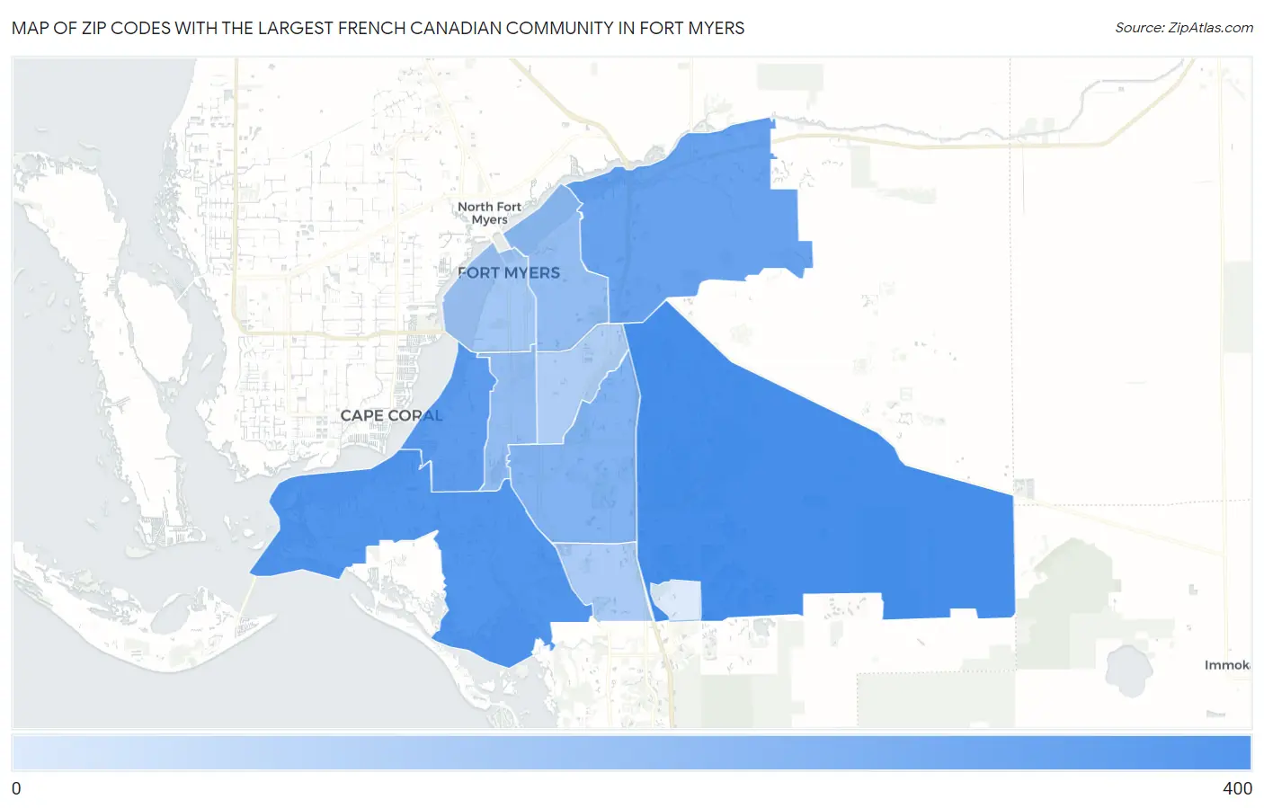 Zip Codes with the Largest French Canadian Community in Fort Myers Map