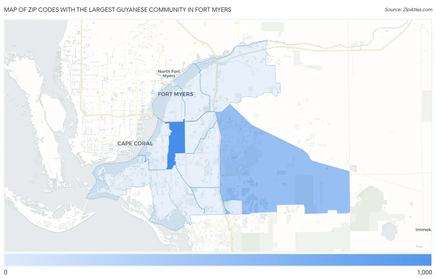 Zip Codes with the Largest Guyanese Community in Fort Myers Map