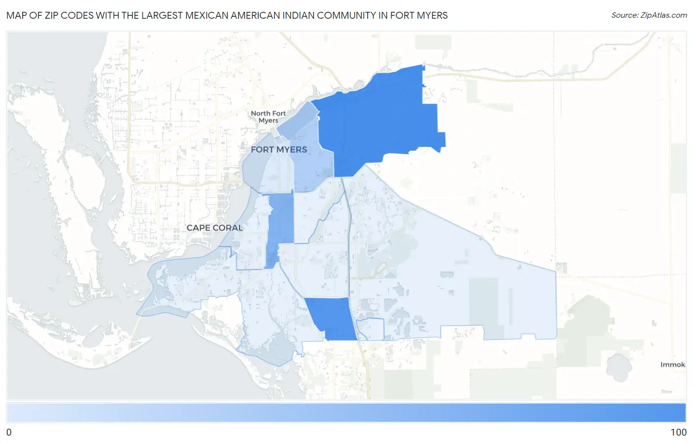 Zip Codes with the Largest Mexican American Indian Community in Fort Myers Map
