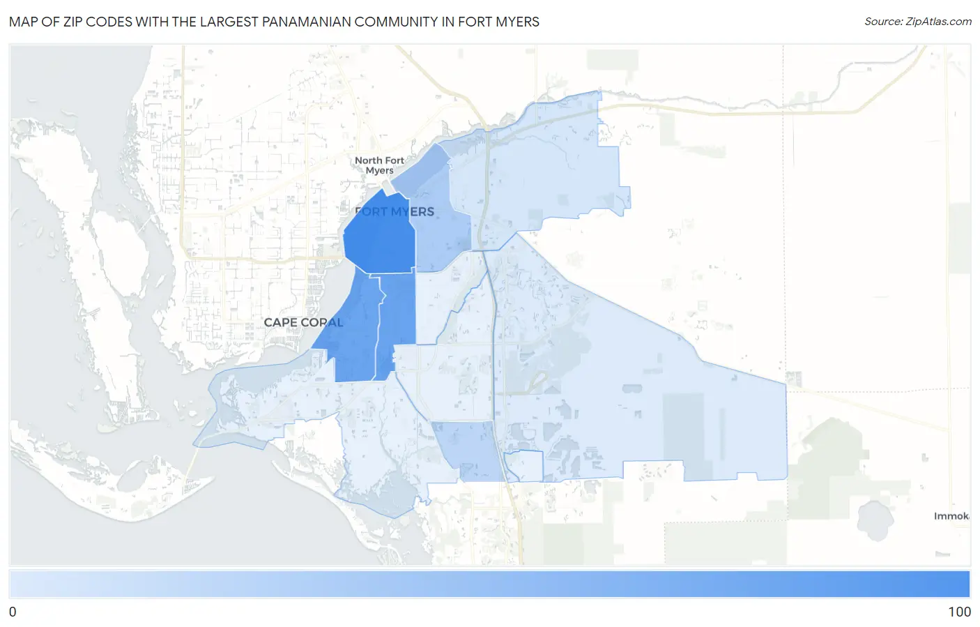 Zip Codes with the Largest Panamanian Community in Fort Myers Map
