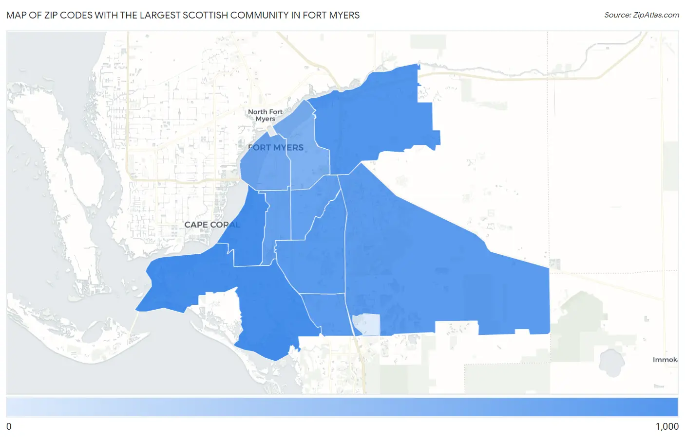 Zip Codes with the Largest Scottish Community in Fort Myers Map