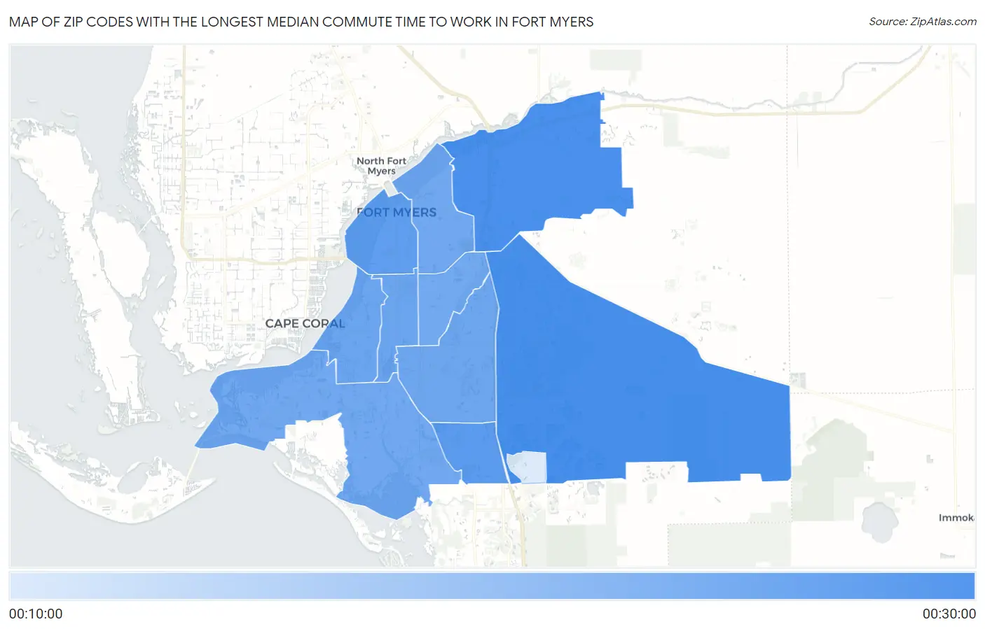 Zip Codes with the Longest Median Commute Time to Work in Fort Myers Map
