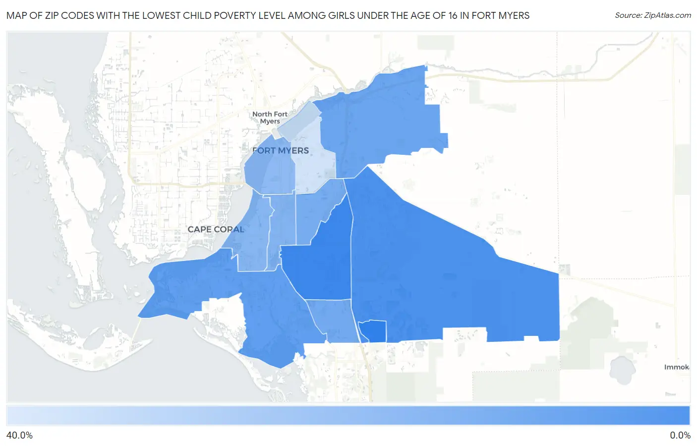 Zip Codes with the Lowest Child Poverty Level Among Girls Under the Age of 16 in Fort Myers Map