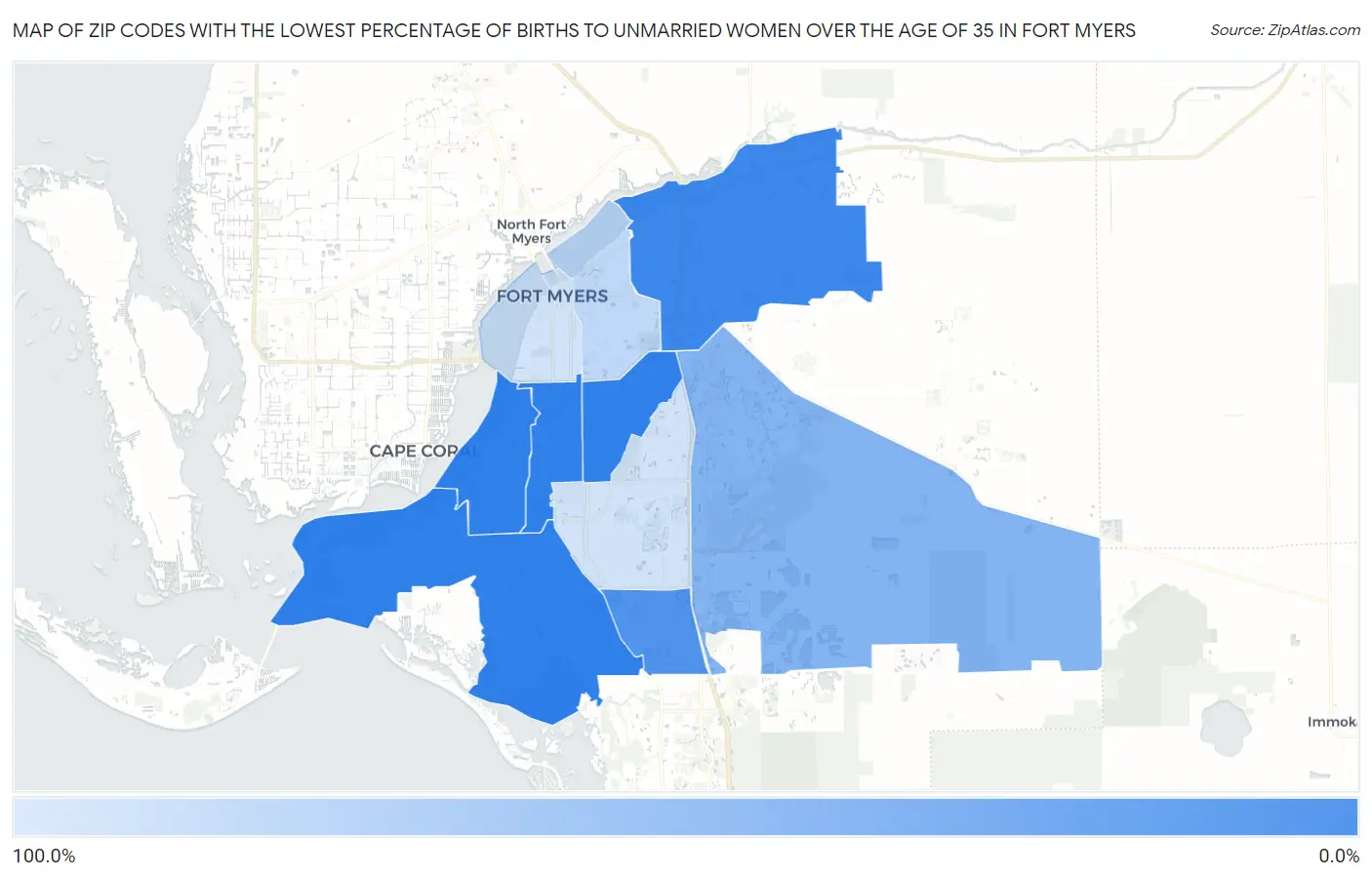 Zip Codes with the Lowest Percentage of Births to Unmarried Women over the Age of 35 in Fort Myers Map