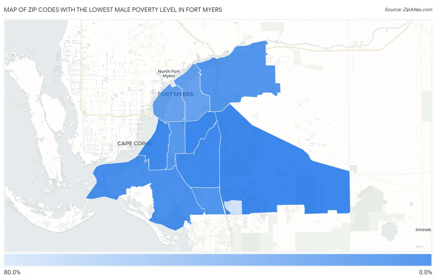 Zip Codes with the Lowest Male Poverty Level in Fort Myers Map