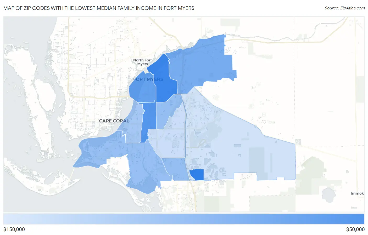 Zip Codes with the Lowest Median Family Income in Fort Myers Map