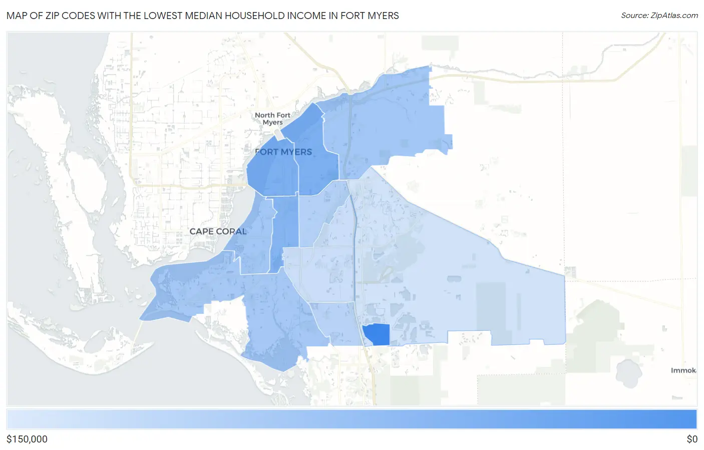 Zip Codes with the Lowest Median Household Income in Fort Myers Map