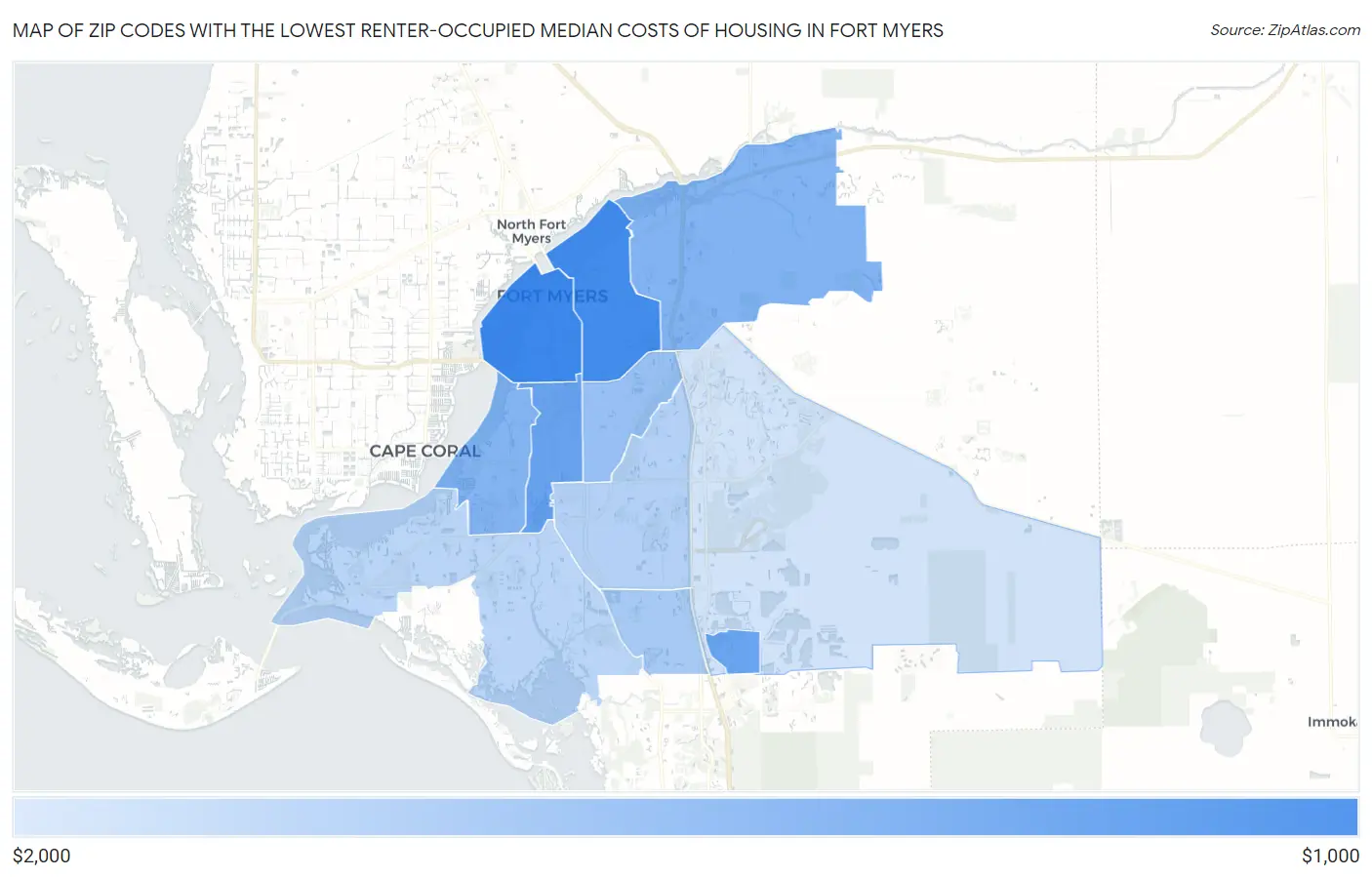 Zip Codes with the Lowest Renter-Occupied Median Costs of Housing in Fort Myers Map
