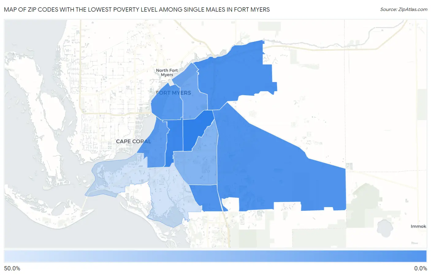 Zip Codes with the Lowest Poverty Level Among Single Males in Fort Myers Map