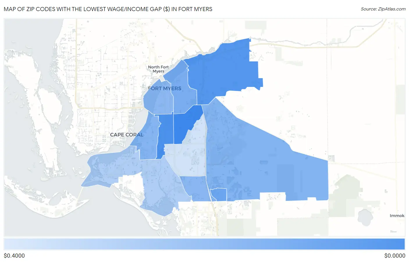Zip Codes with the Lowest Wage/Income Gap ($) in Fort Myers Map