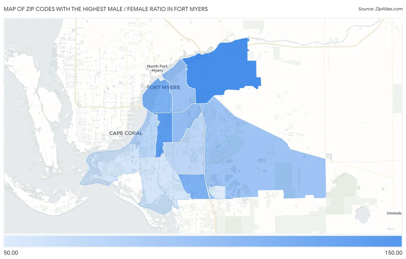Zip Codes with the Highest Male / Female Ratio in Fort Myers Map