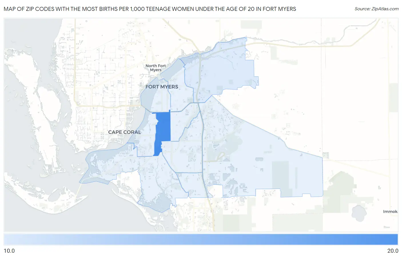 Zip Codes with the Most Births per 1,000 Teenage Women Under the Age of 20 in Fort Myers Map