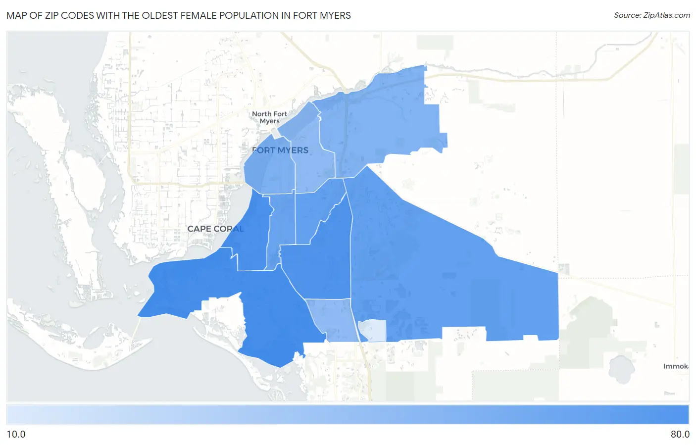 Zip Codes with the Oldest Female Population in Fort Myers Map