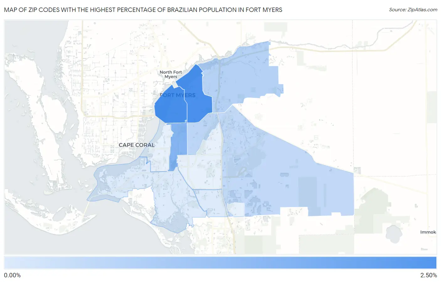 Zip Codes with the Highest Percentage of Brazilian Population in Fort Myers Map