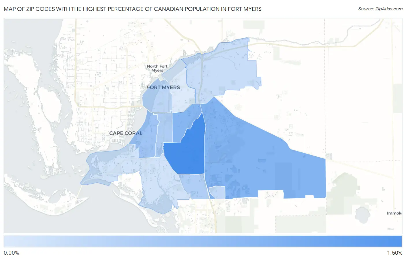 Zip Codes with the Highest Percentage of Canadian Population in Fort Myers Map