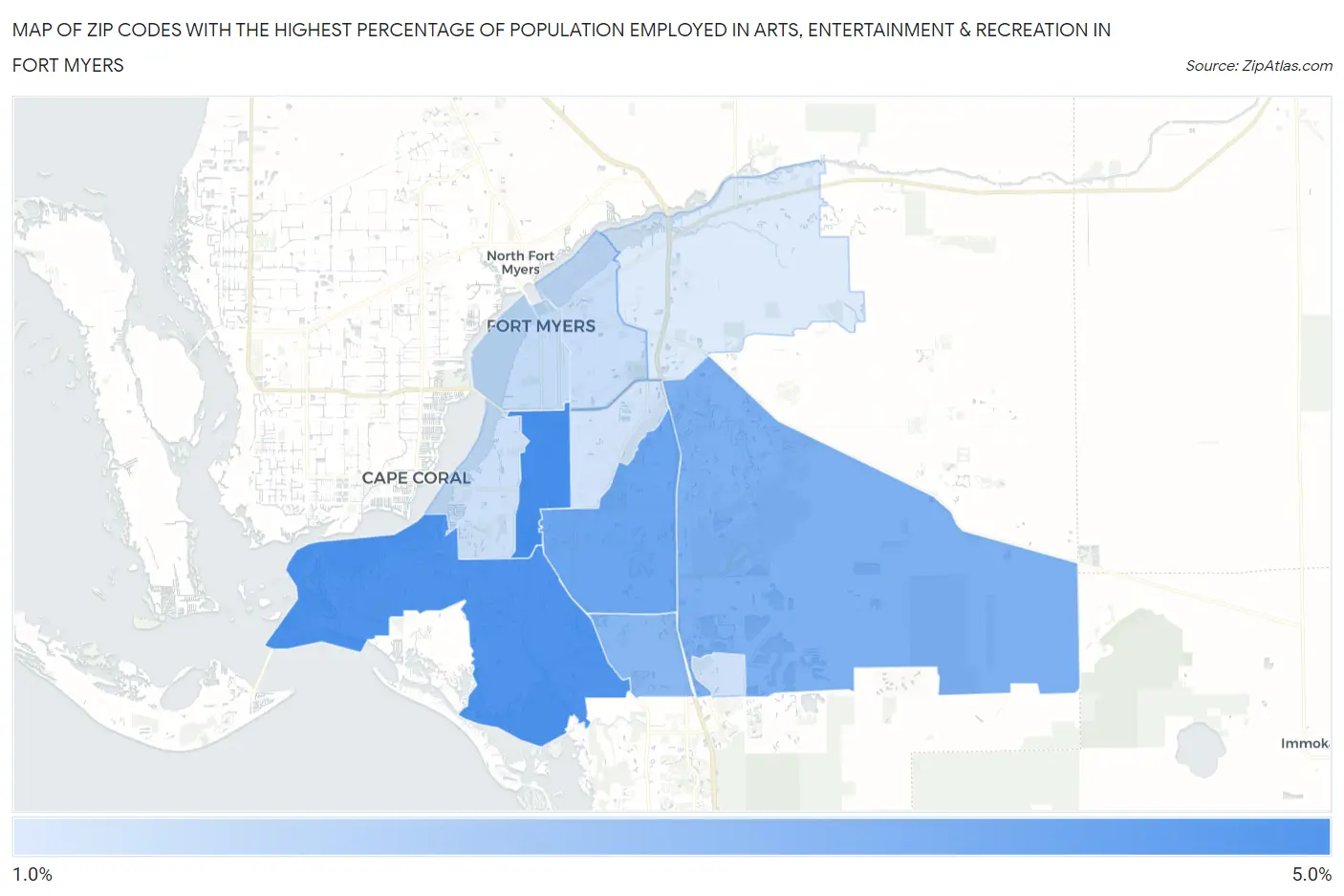 Zip Codes with the Highest Percentage of Population Employed in Arts, Entertainment & Recreation in Fort Myers Map