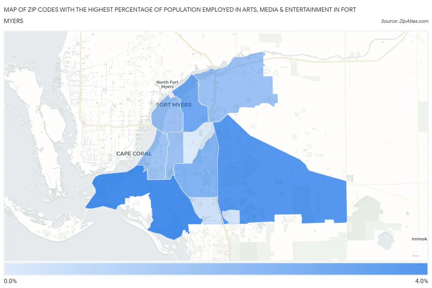 Zip Codes with the Highest Percentage of Population Employed in Arts, Media & Entertainment in Fort Myers Map
