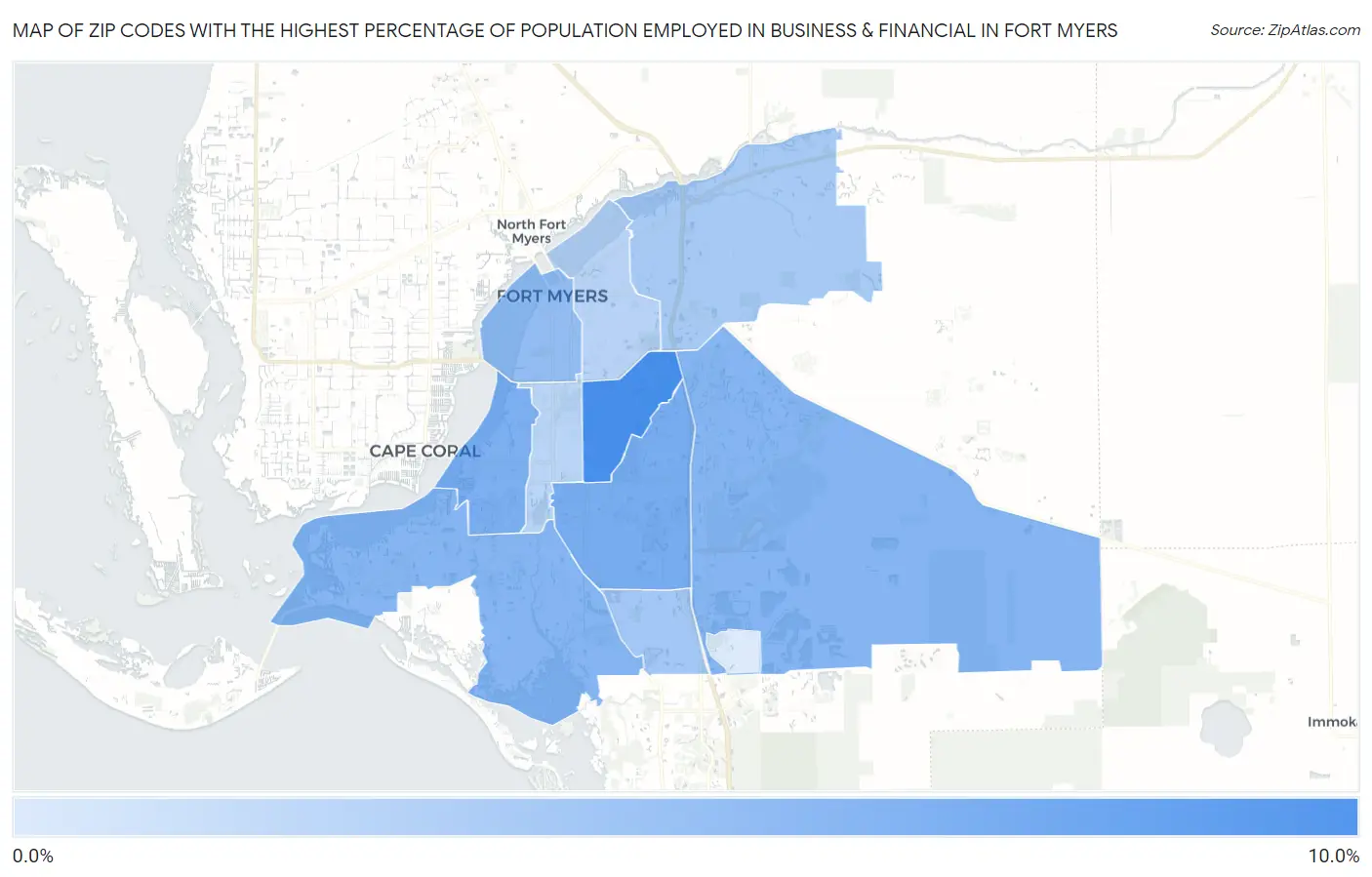 Zip Codes with the Highest Percentage of Population Employed in Business & Financial in Fort Myers Map
