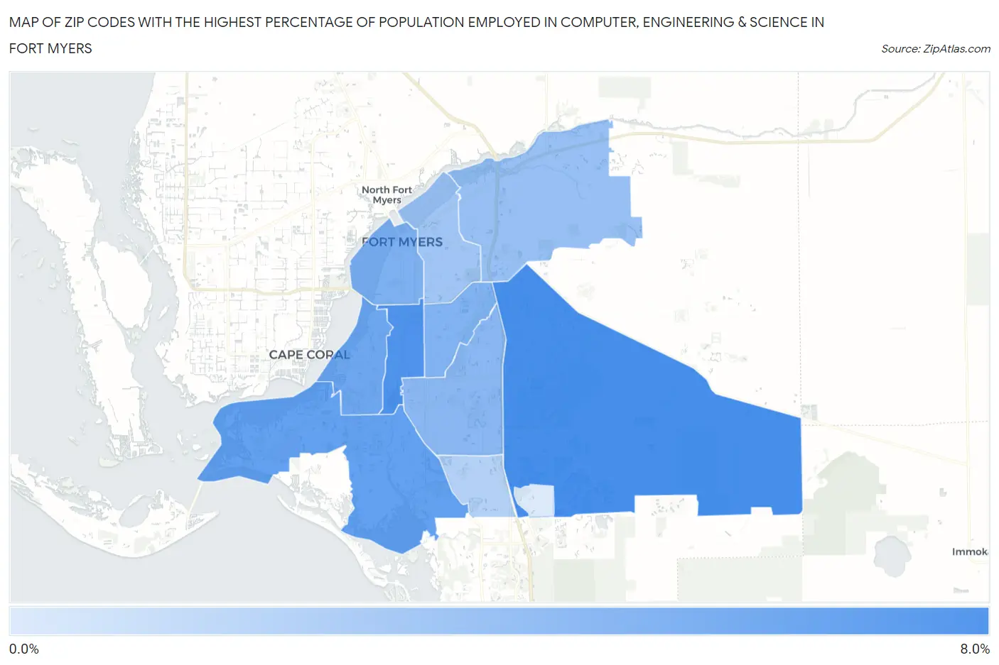 Zip Codes with the Highest Percentage of Population Employed in Computer, Engineering & Science in Fort Myers Map